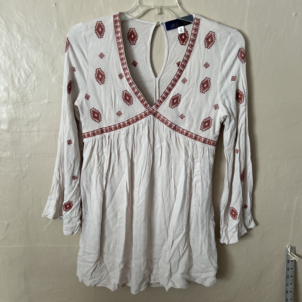 Blue Rair‎ Medium Tan V Neck Dress Tunic Poet Sleeves Embroidered